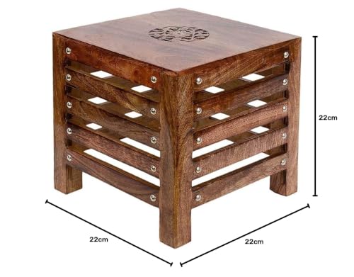 Image of Wood Well Polished And Furnished End Table /Stool With Antique Polish Multipurpose Coffee Stand Table (Stripe Stool, 12 Inches)