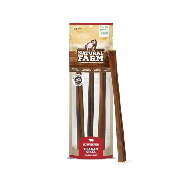 Natural Farm Odor-Free Collagen Chews (12 Inch, 3 Pack), Long Lasting Bully Sticks & Rawhide Alternative Dog Treats, 95% Collagen Low Fat, High Protein Best Dental Dog Treats – Medium & Large Dogs