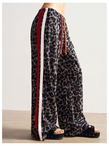 Women's Y2K Cheetah Baggy Pants Leopard Wide Leg Pants Striped Knitted Vintage Elastic Waist Trouser with Pocket3