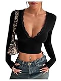 GORGLITTER Women's Deep V Neck Long Sleeve Lace T Shirts Low Cut Sexy Skinny Party Y2k Going Out Crop Tops Black L