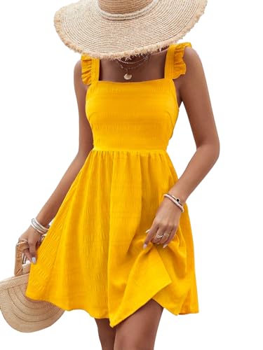 Image of SISKIN Women's Summer Spaghetti Strap Sleeveless Square Neck Ruffle A Line Swing Mini Dress 2025
