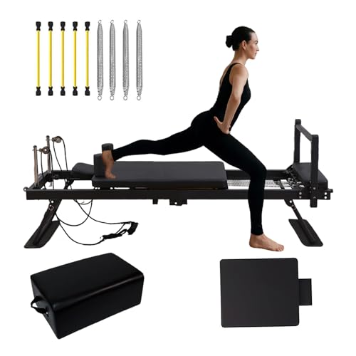DMJLI-T Máquina de Pilates Reformer, Máquina de Ejercicio de Pilates con 5 Resortes de Resistencia, 5 Tubos de Látex y Tabla de Saltar, Capacidad de Peso de hasta 120kg,Black-20box