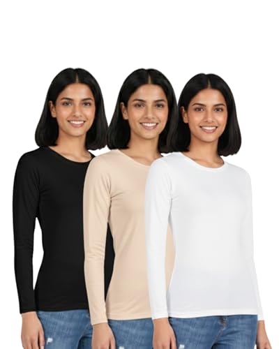 Image of HELGA Ivano Women's Organic Cotton Full Sleeve T-Shirt | Super Combed Cotton Rich | Plain Round Neck | Soft, Breathable, Eco-Friendly Casual Top for Everyday Wear