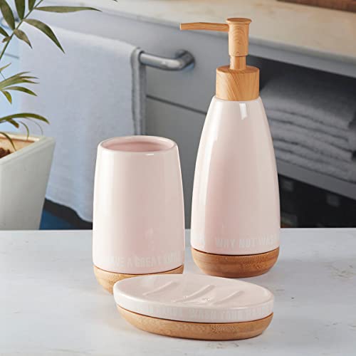 Image of SaSaSa Ceramic Bathroom Set of 3 Modern Bath Accessories Kit with Soap Dispenser, Toothbrush Holder & Dish - Stylish & Elegant Bathroom Decor, Pink (9882)