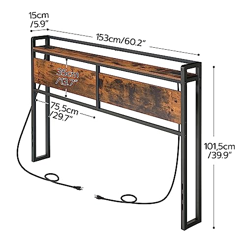 Image of HOOBRO Headboard Queen Size, Headboard with 2 Outlets and 4 USB Ports, Adjustable Height, Storage Rack, Sturdy and Stable, Easy Assembly, Rustic Brown and Black