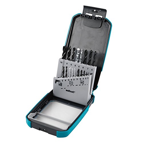 wolfcraft 1 Kombi-Bohrer-Box, best aus 5 Steinbohrer HM Durchmesser 3, 4, 5, 6, 8 mm 5 Holzbohrer und 4, 5, 6, 8, 10 mm, 8 HSS-Spiralbohrer 1, 2, 3, 4, 5, 6, 7, 8 mm, 8615000