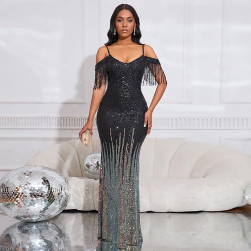 Cololura Women Sexy Sequin Tassel Off Shoulder Halter Bodycon Maxi Dress Party Evening Gown Formal Dress3