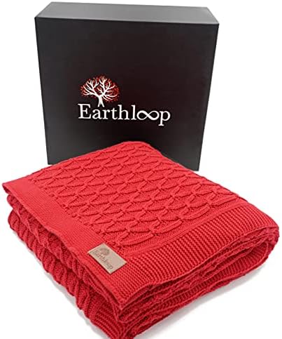Earthloop Large Knit Throw Blanket | 100% Organic Cotton – GOTS Certified | Couch and Bed Throw Blankets | Knitted Throws | Adult Cable Knit (60 x 80 in, Red)