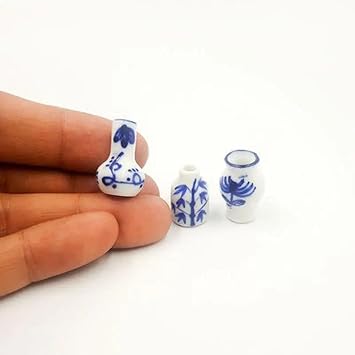 3Pcs Set of Mini Blue and White Porcelain Vases, Handmade Living Room Decoration, House Ornament