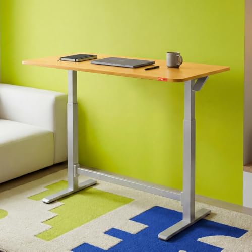 Image of Sleepyhead Lyft Designed by Duroflex - Height Adjustable Desk for Home Office & WFH | Portable Sit Stand Table with Hydraulic Lift, Wheels & Ergonomic Laptop Workstation (White Base & Oak Top)