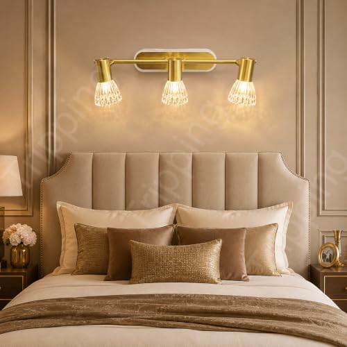 Image of TRIPPING 12W 3-in-1 LED Wall Lamp with 3 Adjustable Heads, Gold Metal Body and Crystal Shades, Warm White, Natural White & White Focus Light for Dressing Table, Mirror and Accent Walls, 50 x 15 x 7 cm