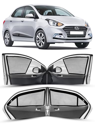 Image of Autofact Magnetic Car Sunshades Compatible with Hyundai Xcent (2014 to 2020) (Set of 4) - Easy Installation, UV Protection (Front 2 Half-Cut for Side Mirror Visibility, Rear 2 with Zippers)