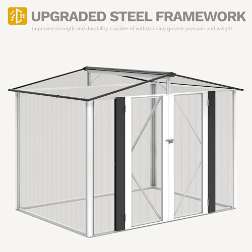 Image of DWVO 8x6FT Outdoor Storage Shelter, Roomy Steel Tool Shed with Secure Entrances & Air Circulation for Patio, Lawn, and Backyard, Ideal for Storing Garden Gear, Lawn Tools, and Bikes, White