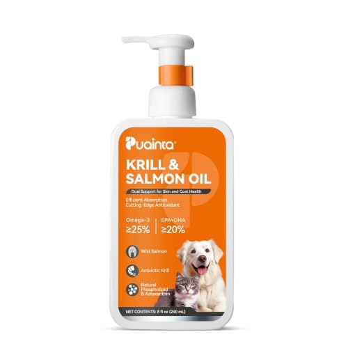 PUAINTA Omega 3 Fish Oil for Dogs & Cats Wild Icelandic Salmon Oil & Antarctic Krill Oil EPA DHA Omega 3 Supplement for Skin & Coat Health Immune Support (8 Fl Oz (Pack of 1))