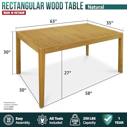 Image of Acacia 63 inch L Classic Rectangular Outdoor Dining Table, Up to 6 Seats, Solid Eucalyptus Grandis Wood | Waterproof & UV Resistant, Low Maintenance & Easy Assembly Tables for Garden, Patio | Natural