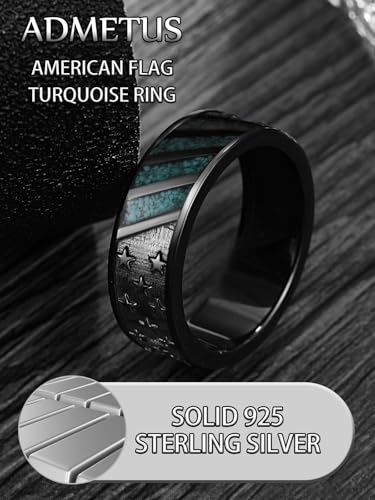 ADMETUS Black Rings for Men, 925 Sterling Silver American Flag Ring, Viking Runes Ring, Protection Jewelry Gifts for Men Size 5-154