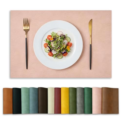 Artoid Mode Pink Faux Leather Placemats Set of 6, 12x18 Inch Waterproof Wipeable Heat Resistant Vinyl Place Mats, Reversible Table Mats for Spring Kitchen Dining Decor