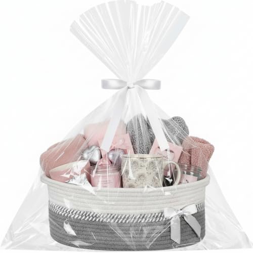 Image of Colingmill 1 Set Woven Basket for Gift Empty with Cellophane Wrap Set 14 x 10 x 5.5 Inch, Medium Decorative Gift Basket Empty to Fill, Cotton Rope Storage Box Decor (Gray White)
