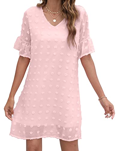 White Dresses for Women Sweet Cute V Neck Ruffle Short Sleeve Sun Dress Loose Chiffon Flowy Mini Dress Pink L