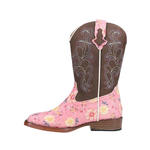 ROPER Kids Girls Glitter Floral Embroidered Square Toe Casual Boots Mid Calf - Brown, Pink3