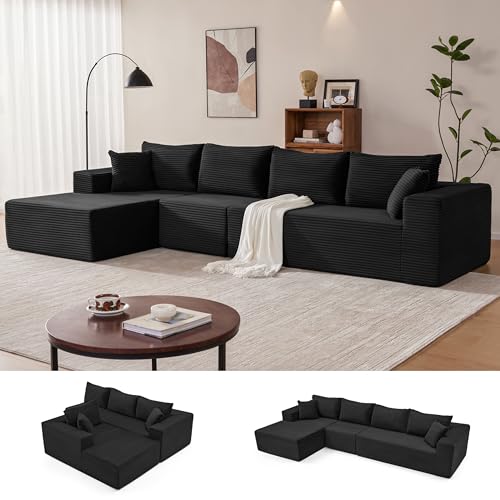 Image of Mangodan 140 inch Cloud Sectional Couch, Modular Sectional Sofa with Deep Seat, Boneless Sofa for Living Room, Fluffy Comfy L-Shaped Couch with Left Facing Chaise, No Assembly Required, Black