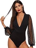 DIDK Damen Body Elegant Langarm Bodysuit mit Spitze Ärmeln Bodys Oberteil Blusebody Damenbody Schmal Bodysuits Tops Schwarz mit Meshärmel M