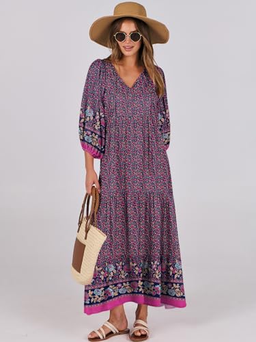 Image of ANRABESS Womens Boho Floral 3 /4 Puff Sleeve Maxi Dress
