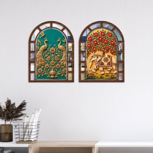 Image of Artvibes Peacock Pair & Decorative Elephant Theme Home Wall Decor | Jharokha Mirror Wall Hanging for Living Room, Hall, Bedroom, Lobby, Dining Area & Entrance | Gift (WH 12022N), Set of 2