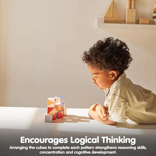 Image of PlanToys Wooden Geo Pattern Cubes | Montessori Puzzle Toy for Problem Solving, Logical Thinking and Visual Skills | STEM Learning Blocks with Numbers and Patterns | Eco Friendly Educational Toy