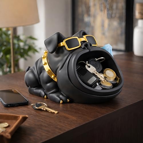 Image of Xtore Sculptural Bulldog Storage Organizer Showpiece| Modern Matte Black Dog Figurine with Sunglasses & Utility Bowl for Living Room, Desk, Entryway Styling (Black, 26 x 16 cm)