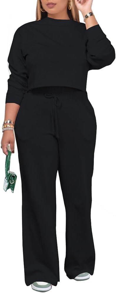 PINSV Women's 2 Piece Outfits Sweatsuit Set Long Sleeve Crop Top Drawstring Wide Leg Pants with Pockets Tracksuits Casual Set
