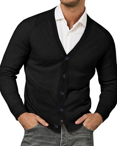 Runcati Mens Cardigan Sweaters V Neck Button Down Long Sleeve Casual Cardigan Slim Fit Knit Sweater with Pockets Black