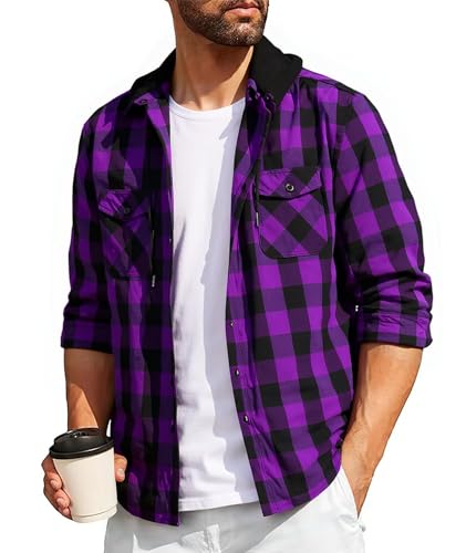 SwissWell Camisa a Cuadros Hombre Camisa de Franela para Hombre Sudaderas de Leñador de Manga Larga Exteriore Camisa Casual con Capucha Morado XL