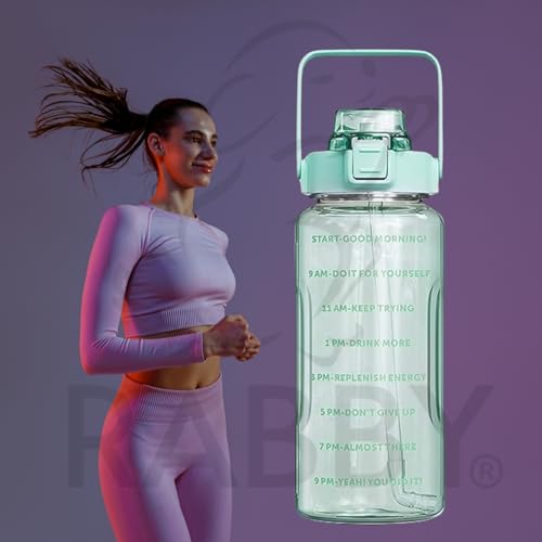 Image of RABBY 2L Motivational Water Bottle for Kids & School Use | Time Marker, BPA-Free, Leakproof Straw Lid, Carry Strap | Plastic Water Bottle for Travel, Sports, Gym, Office (Sea Green 1Pcs)