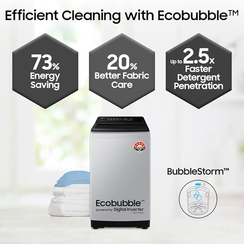 Image of Samsung Smart Choice 8 kg, 5 star, Eco Bubble Tech, Digital Inverter Motor, Soft Closing Door, Fully-Automatic Top Load Washing Machine (WA80BG4441BGTL, Light Gray)