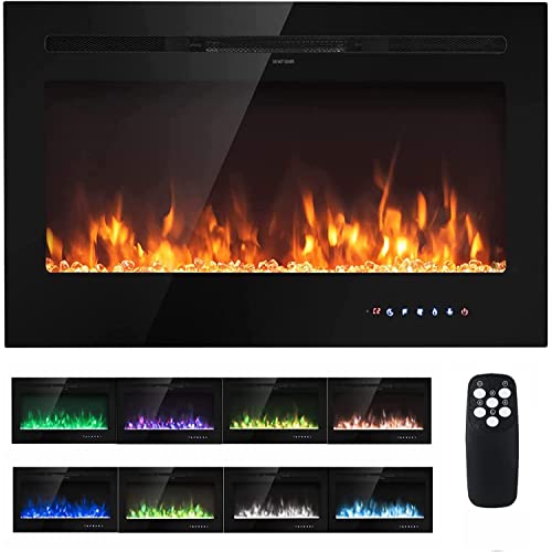 COSTWAY Cheminée Electrique Murale 9 Couleurs de Flamme avec Chauffage, Foyer Electrique avec Télécommande et Minuterie, Poêle Murale Effet de Flamme LED 900/1800W pour Salon Bureau, Noir