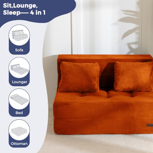 Image of MAXYOYO Convertible Sofa Bed, Fold Out Sofa Couch with Pillow for Adults | Loveseat Sofa 4 in 1 Tufted Folding Couch Bed Foam Floor Couch, Lazy Chair for Living Room Bedroom Guest Room, Orange