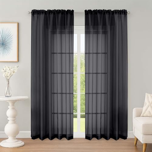 Image of OWENIE Sheer Curtains 84 Inches Long 2 Panels Set, Black Sheer Curtain for Living Room Bedroom, Modern Filmy Rod Pocket Curtains Drapes, 2 Pcs, Each 59 W x 84L, Black