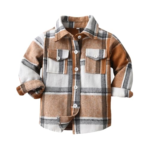 Baby Boys Girls and Toddlers Flannel Shirt Long Sleeve Plaid Lapel Button Down Shirt Pocketed Jacket Tops for Kids