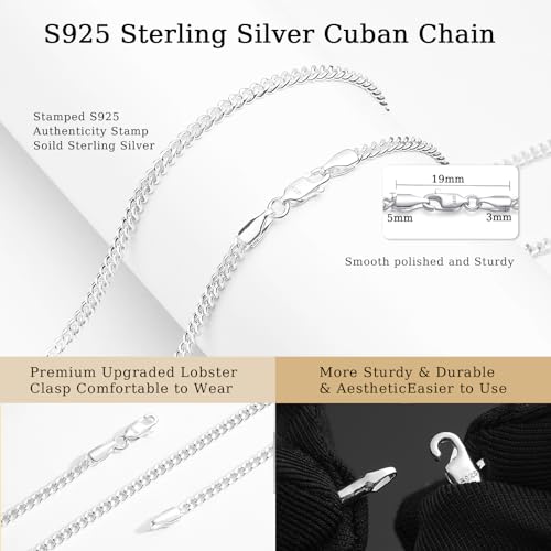 3mm Cuban Link Chains for Women Men, s925 Sterling Silver Plated Necklace Curb Chain 14, 16, 18, 20, 22, 24 Inch3