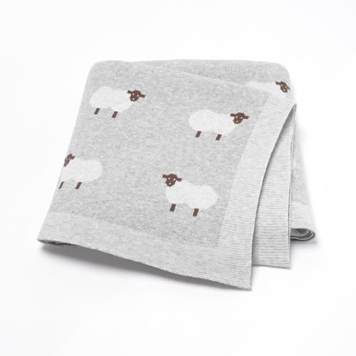 Image of Hadetoto 100% Cotton Baby Blanket Knit Soft Cozy Swaddle Receiving Blankets Toddler Infant Blanket with Lovely Sheeps for Newborn Boy Girls - Grey, 90 x 70cm