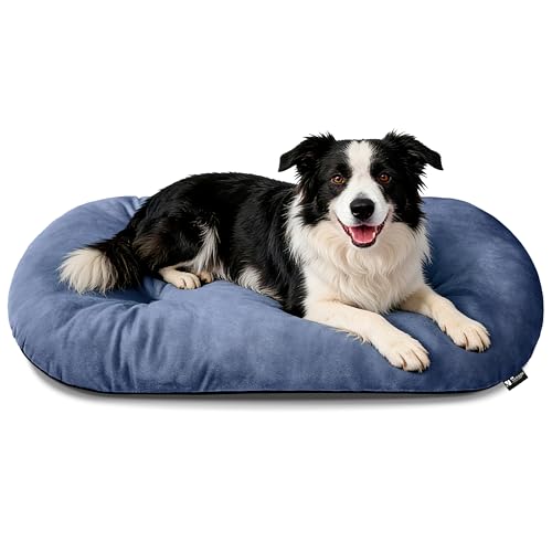 Image of Washable Oval Dog Bed for Large Dogs,High-Resilience, Dusty Blue | Non-Slip Bottom Prevents Sliding, Soft Plush Short Fur, Machine Washable, Ideal for Crates /Apartments /Cozy Nooks,35 inchx22 inchx3.2 inch