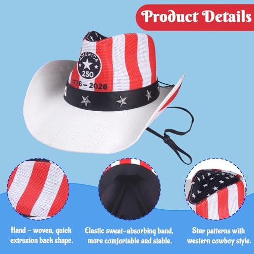 Image of Evankin American Flag Hat, USA Western Cowboy Hat on July 4th | American Flag Hat, 4th of July Patriotic Hat,USA Western Cowboy Hat, Straw Weaving Star,Summer Sunhat for Men and Women
