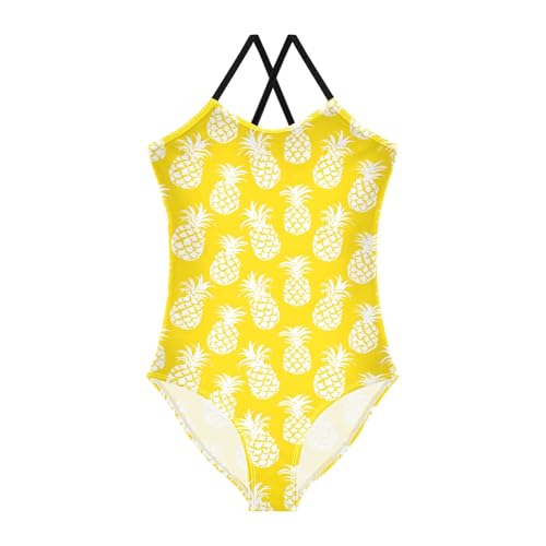 senya Girls Swimsuits One-Piece Swimwear Tie Bathing Suit Beach Summer Round Neck 9-10T White Pineapples on Yellow Pattern