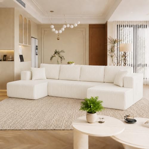 Image of KCGKCG 132 inch U Shaped Corduroy Cloud Couch - No Assembly Required, Beige