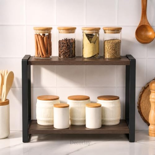 Image of Decorlay Metal & Wooden Spice Rack Organizer Space Saver Counter-top Storage for Kitchen, Bathroom, Office, and Cosmetics (Brown + Black, Two - Tier)