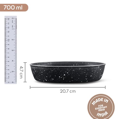 Image of Borosil 700 ml Baking & Serving Oval Shape Dish | Borosilicate Glass Bakeware and Serveware Tray | Microwave, Oven & Dishwasher Safe Bowl | Transparent Container (Pebble Black)