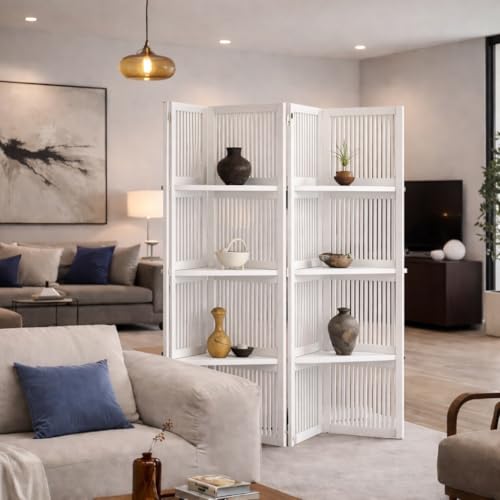 Image of Wooden Partition Divider for Living Room, Partition Wall, Privacy Divider, Freestanding Folding Panels for (6 Feet 4 Panel with 3 Shelve) (6 Feet 4 Panel White with 3 Shelves)