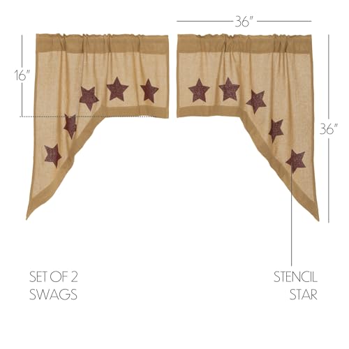 Burlap-Natural-with-Burgundy-Stars-Primitive-36x36x16-Swag-Pair-Tan-Rod-Pocket-Stenciled-Cotton-Kitchen-Window-Curtains Burlap Natural with Burgundy Stars Primitive 36x36x16 Swag Pair Tan Rod Pocket Stenciled Cotton Kitchen Window Curtains