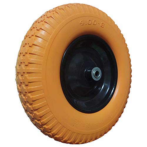4.00-8 Flat Free Wheelbarrow Tire, Flat-Free Tire 16 with 5/8” Bearing Wheel, Foamed Polyurethane Tire for Garden Outdoor Cart Wagon, 3.5” Hub, Orange(Set of 2)